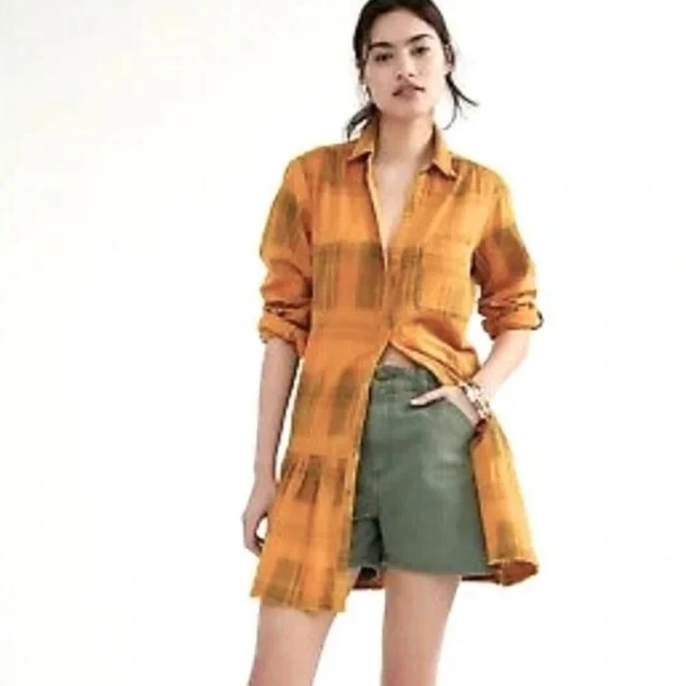 PILCRO Anthropologie Tangier Dress Tunic Shirt Mustard Yellow Plaid Size Med